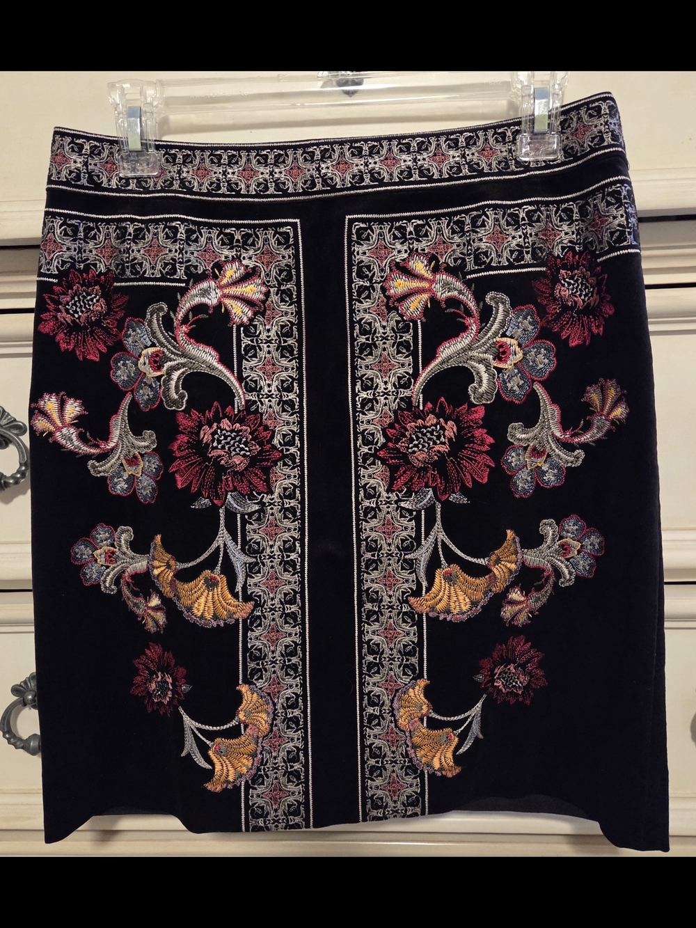 White House Black Market Black Velvet  Pencil Skirt with Embroidered Florals